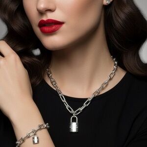 🩶 Silver Necklace, Bracelet and Earring Set Lock Series